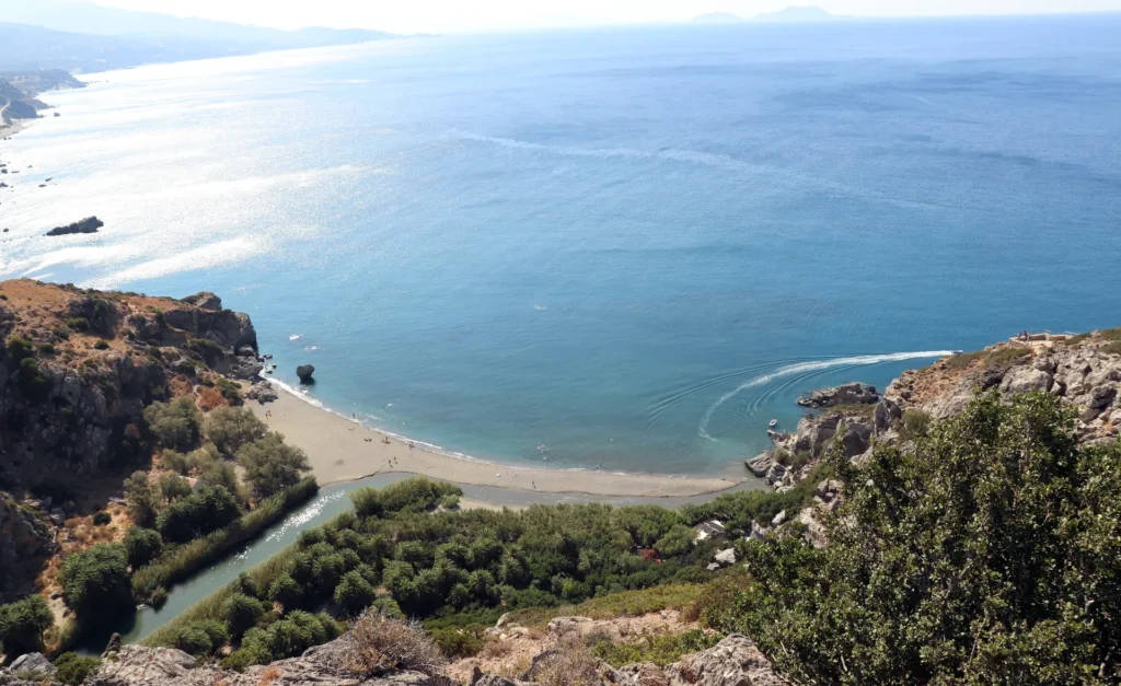 Panoramic view of a secluded private beach in Crete, Greece