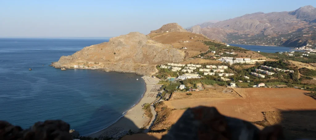 Panoramic view of Vai Beach in Crete with golden sand and palm forest