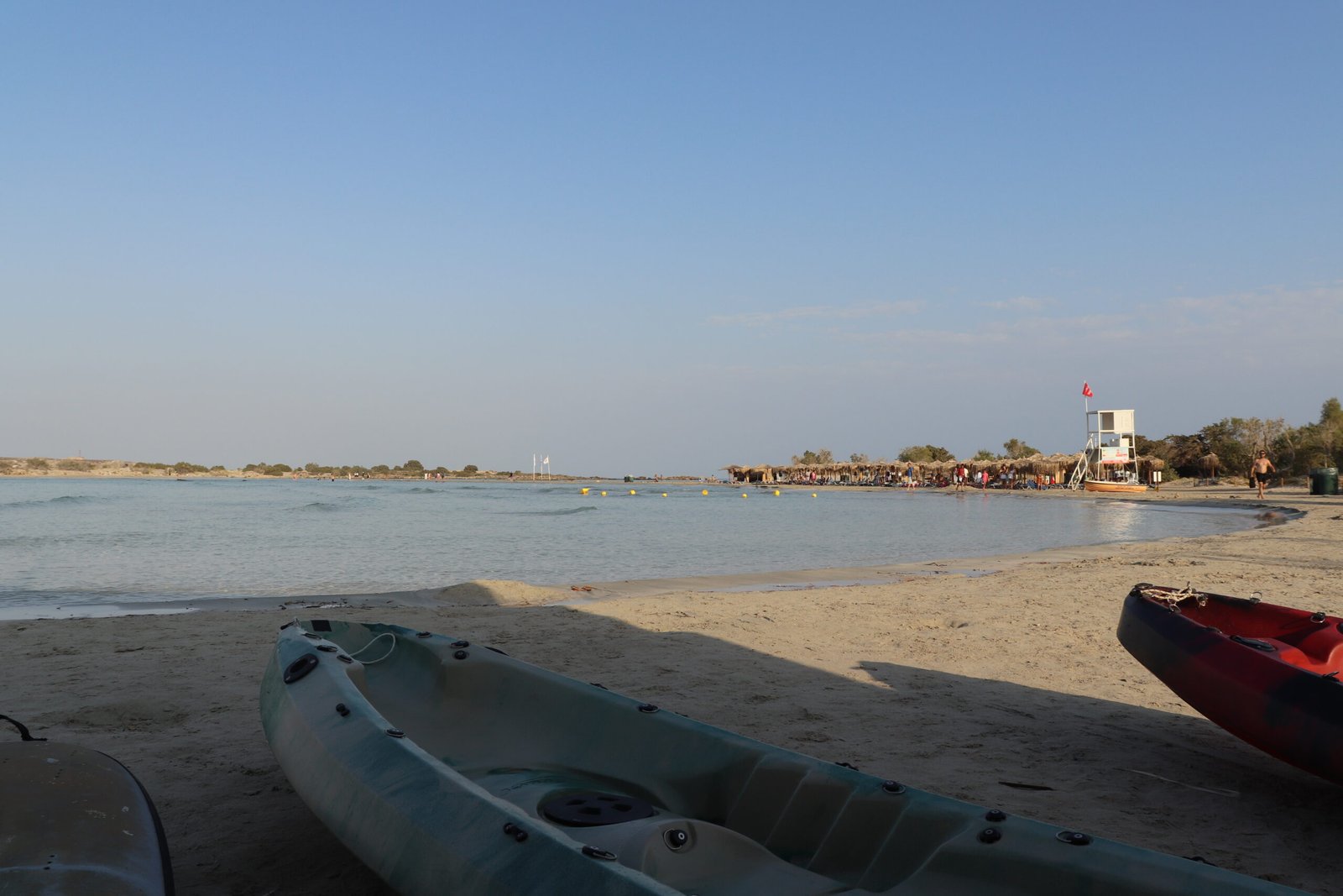 Kayaks on the morning shore of Elafonissi Lagoon