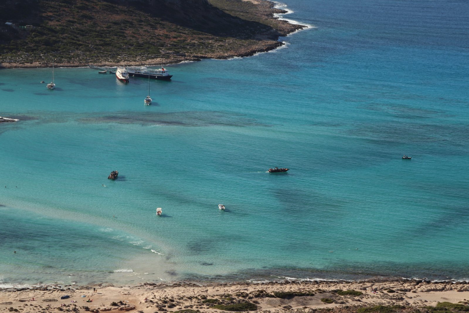 Balos Lagoon with boats — Crete, Greece