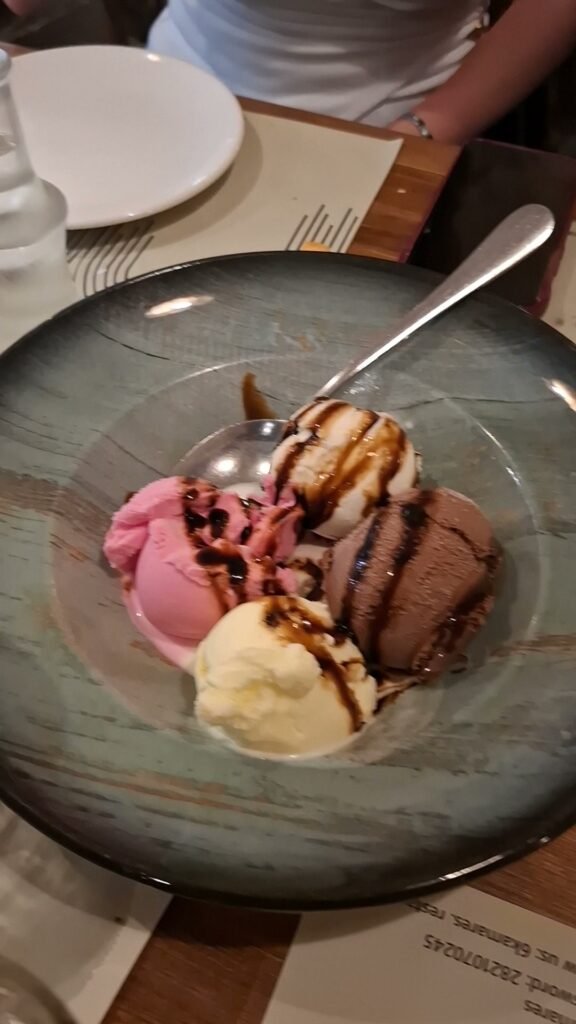 Ice cream trio dessert at 6 Kamares restaurant in Chania