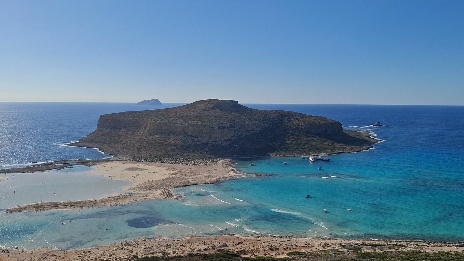 Balos Lagoon panoramic view with turquoise water and Tigani island