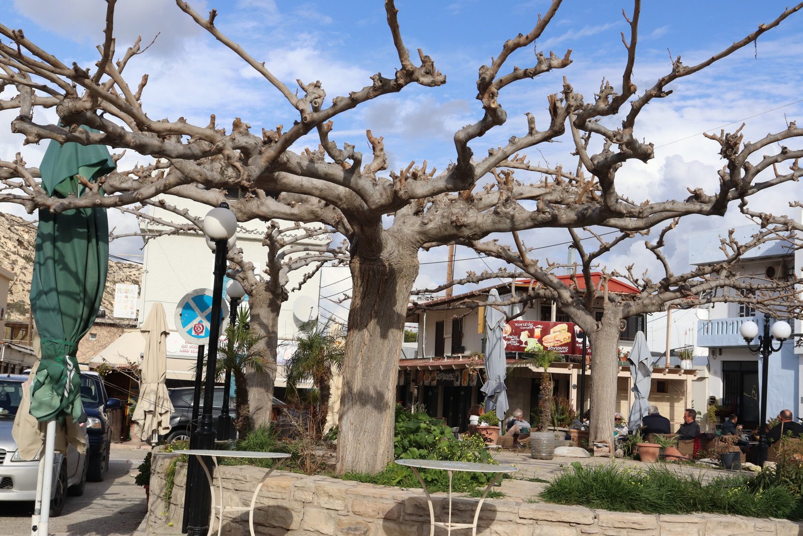 Matala village square in the low season Central square of Matala village in winter with pruned trees and locals in cafés