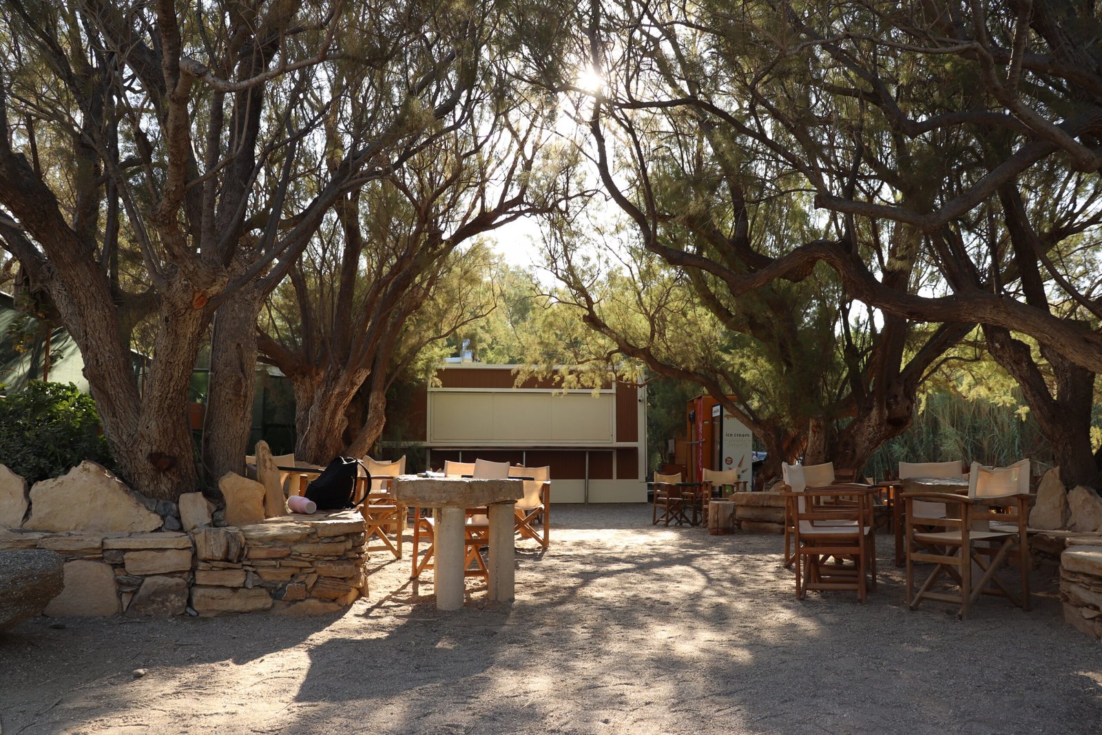 Seaside café under cypress trees at Ammoudi Beach near Plakias, Crete, peaceful morning atmosphere.