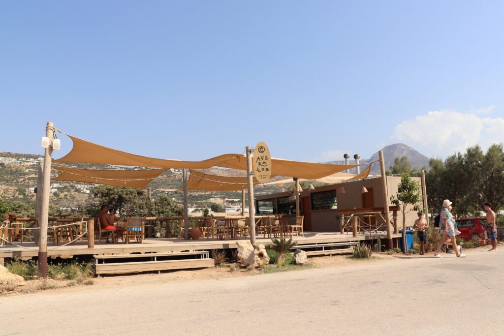 Avoratos Beach Bar wooden deck and shade sails on the quiet side of Falassarna Beach, Crete