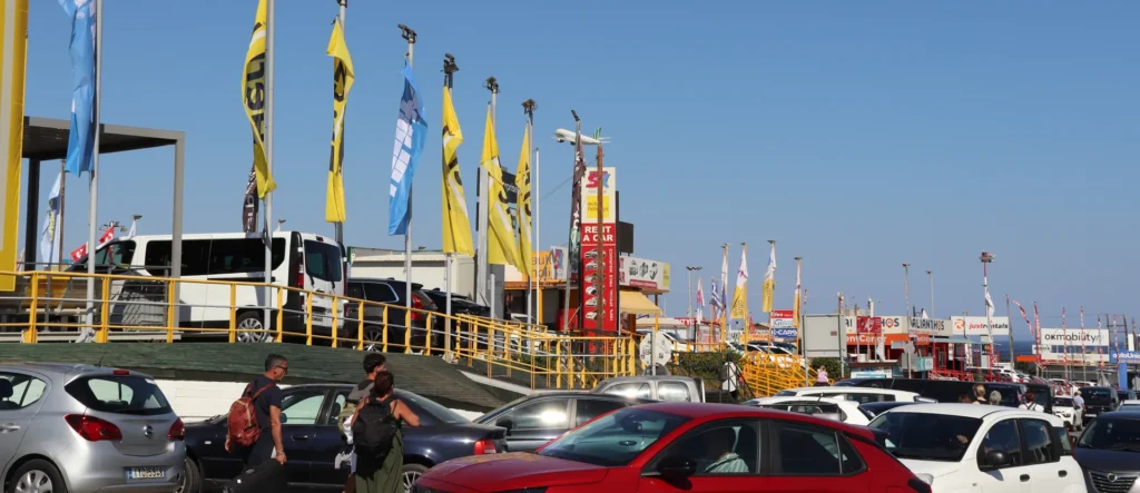 Car rental offices and parking area in Crete