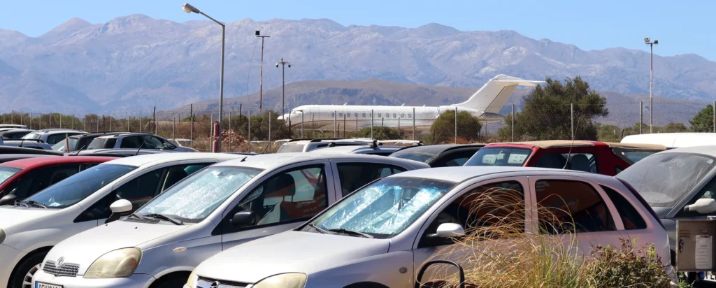Car park at Chania International Airport with the White Mountains in the background