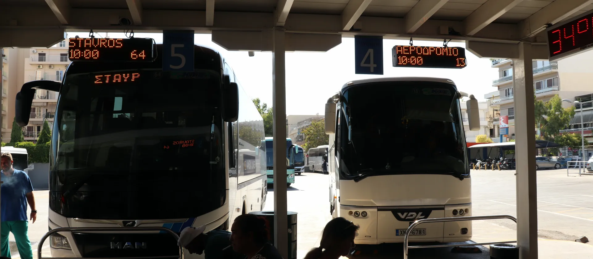 Chania KTEL Bus Station platforms with KTEL buses and departure boards