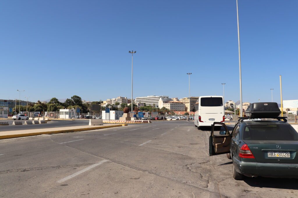 Heraklion Port exit area with buses, taxis and passenger flow