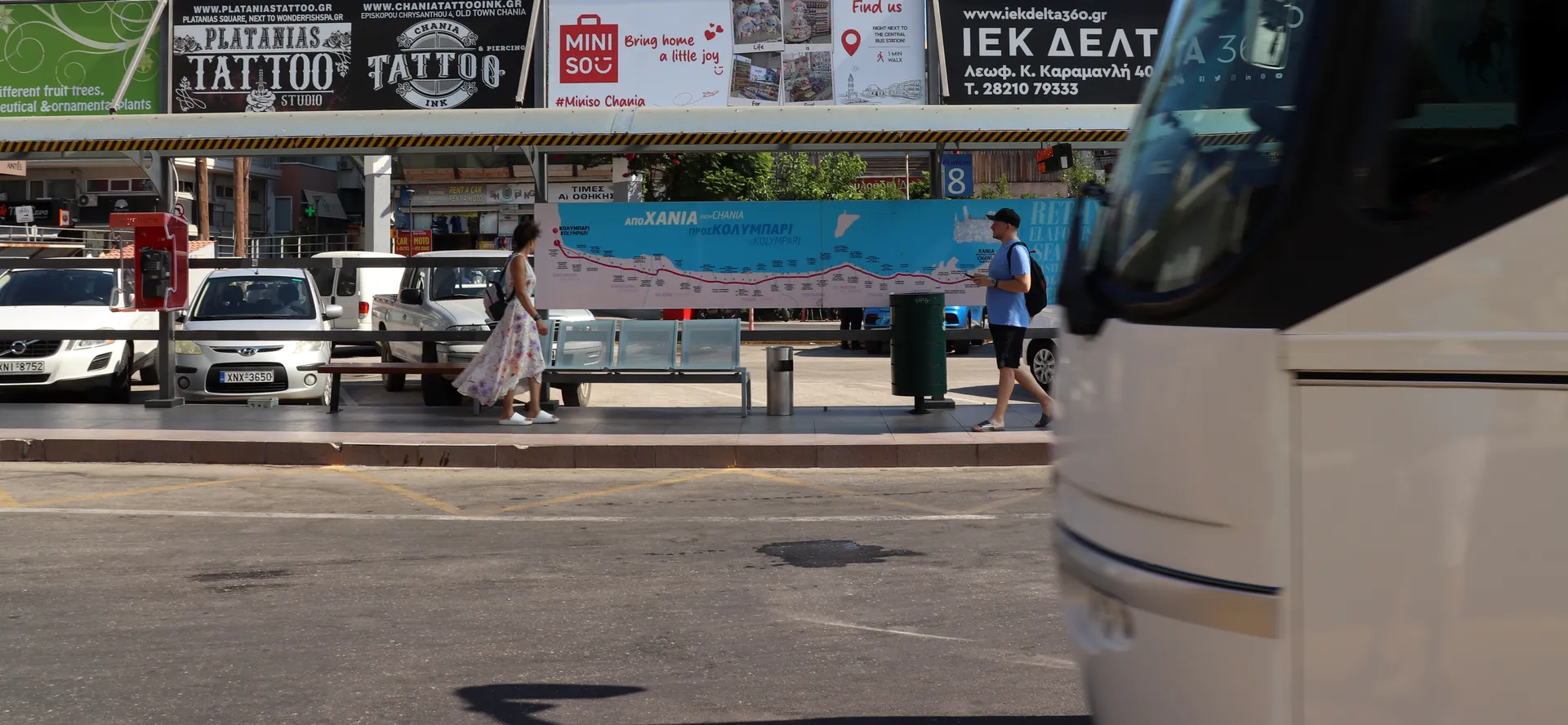 Bus stop and KTEL bus at Chania Bus Station