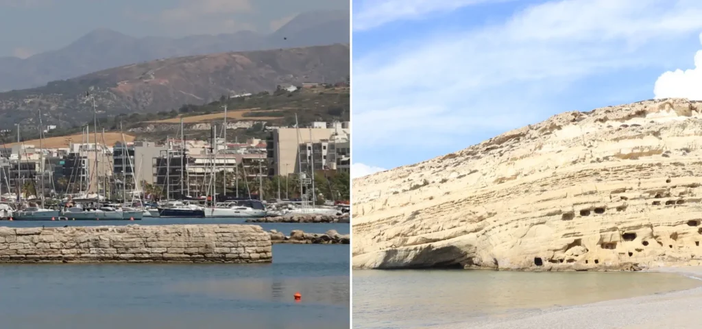Side-by-side views of Rethymno on Crete’s north coast and Matala Beach on the south coast