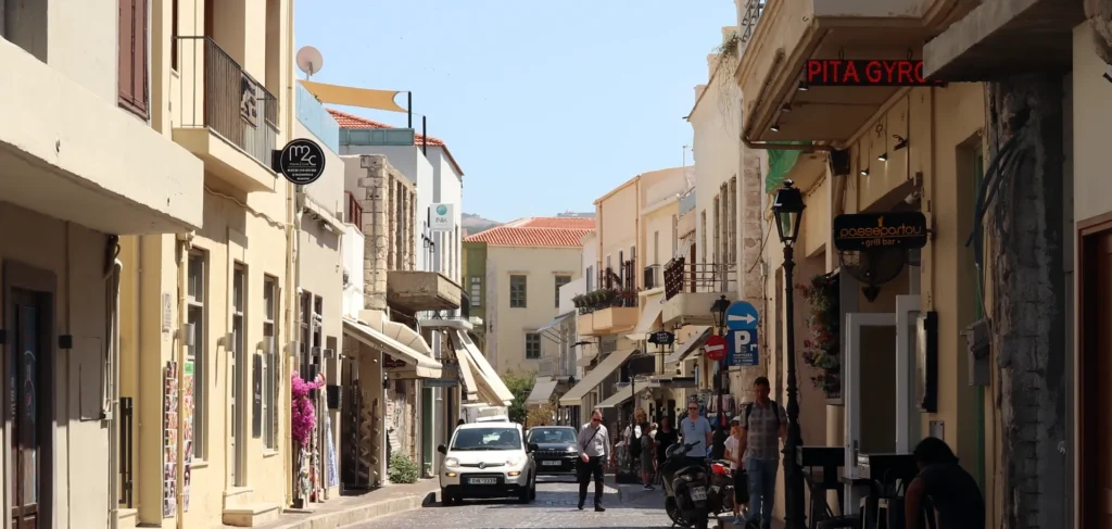 Quiet side street in Rethymno Old Town with romantic restaurants and traditional architecture