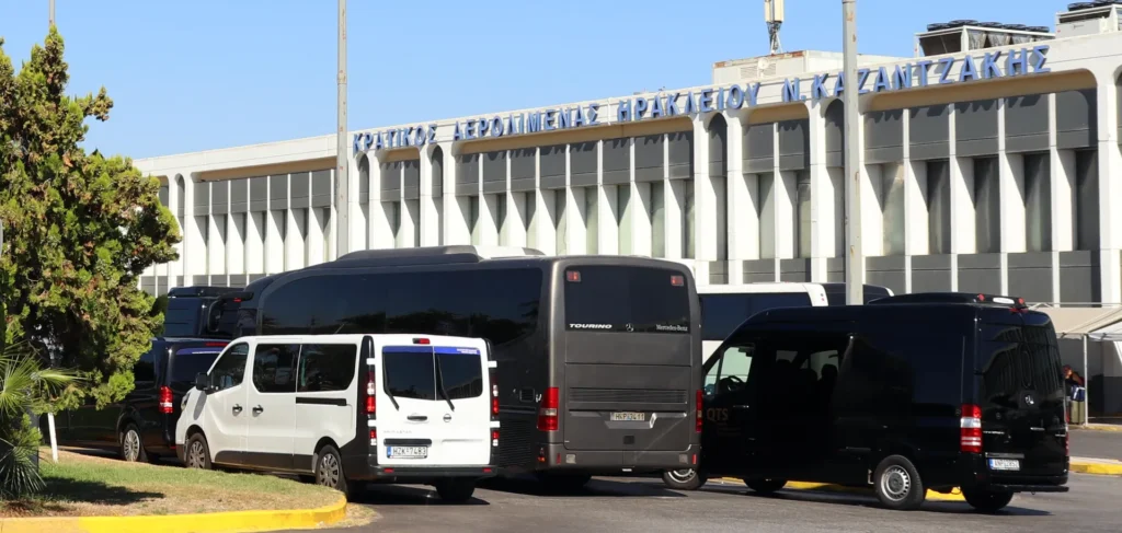 Buses waiting outside Heraklion Airport terminal