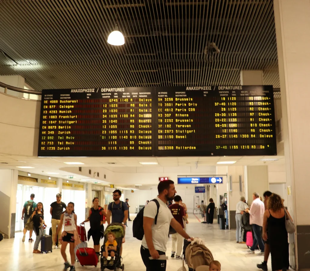 Departure information board at Heraklion Airport