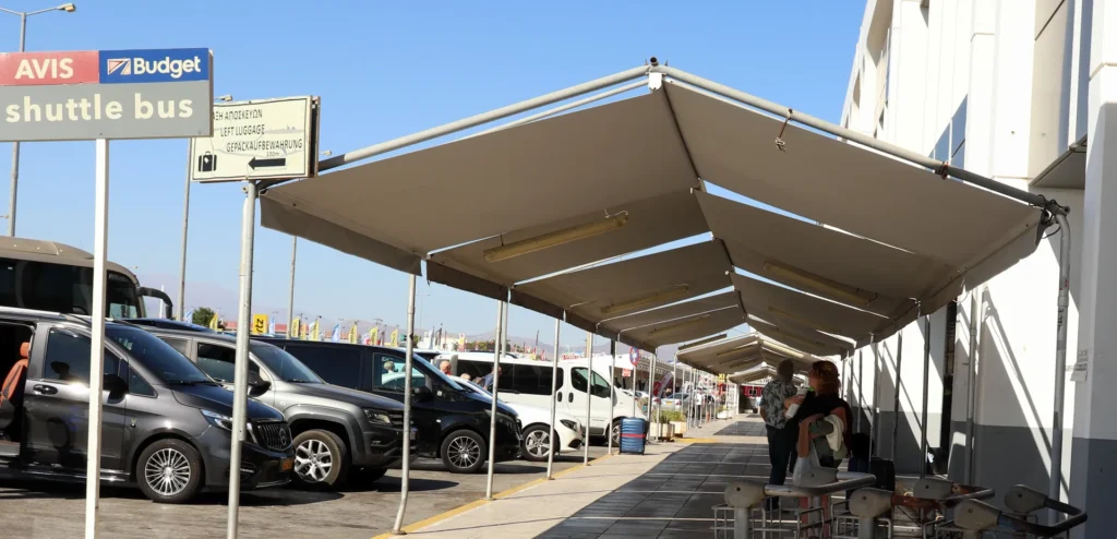 Shuttle bus stop outside Heraklion Airport terminal