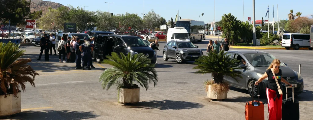 Outside Heraklion Airport terminal after exiting arrivals