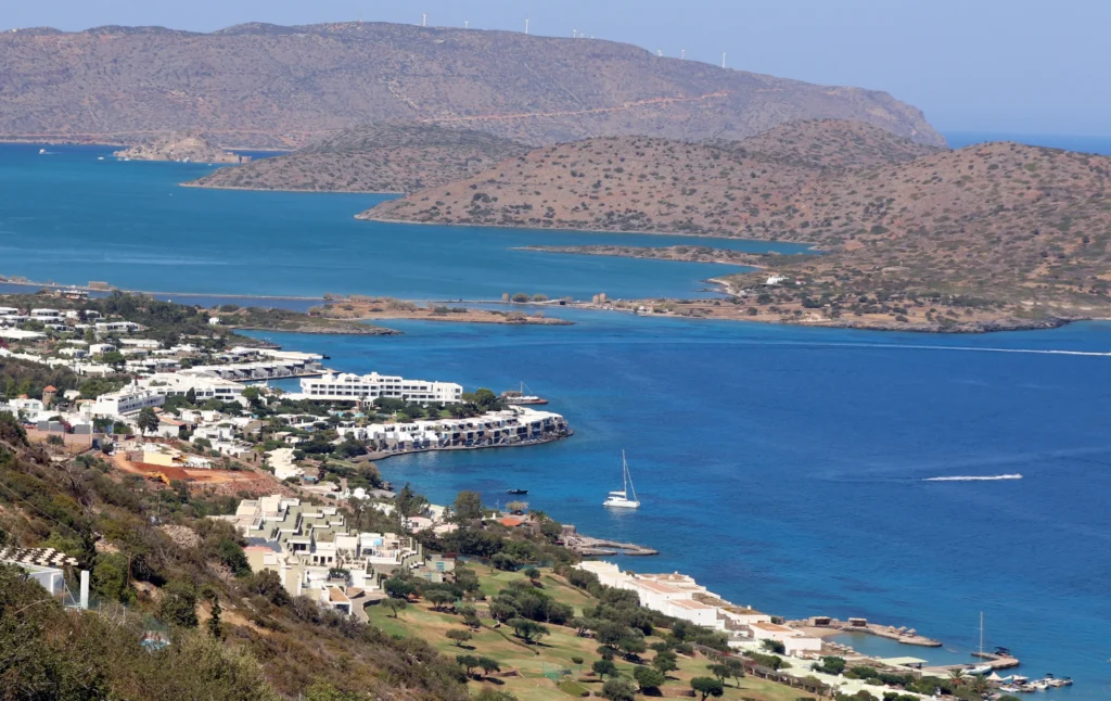 Panoramic view of Elounda Bay with Elounda Beach Resort on the waterfront in Crete