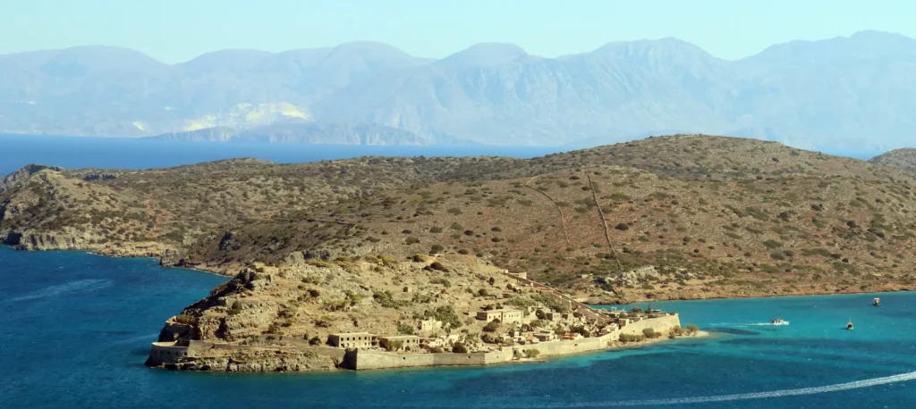 Panoramic view of Spinalonga Island from the coast near Plaka in Crete