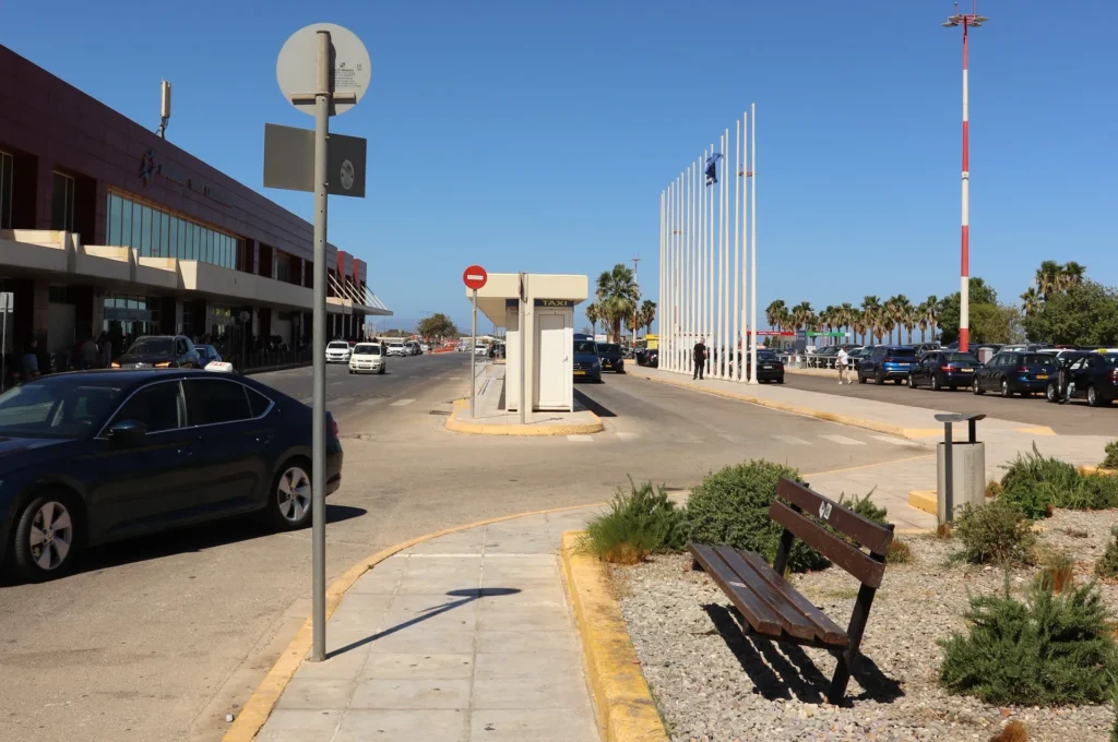 Bus stop area outside Chania International Airport terminal