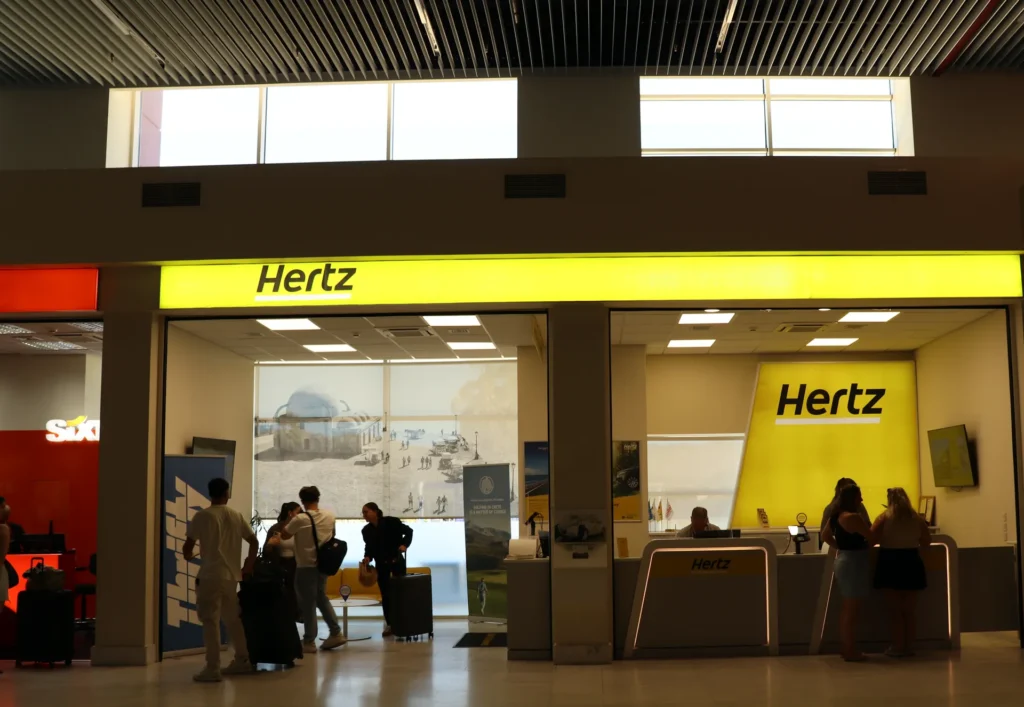 Car rental desk inside Chania International Airport terminal