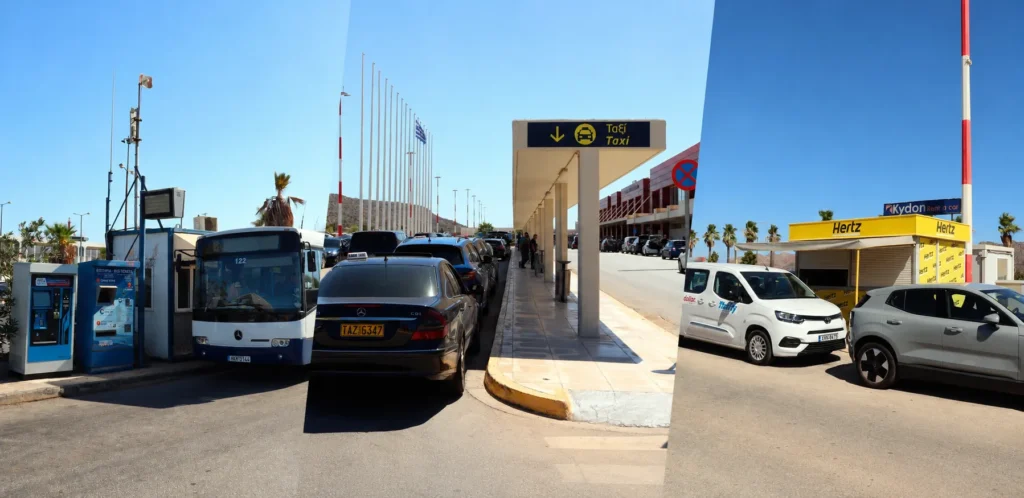 Chania Airport transport options including bus, taxi, car rental, and private transfer