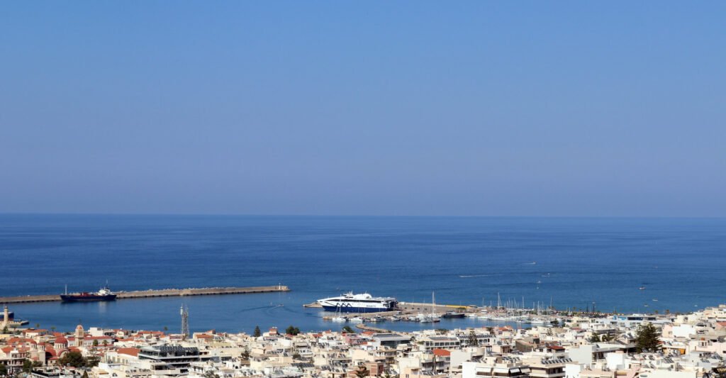Panoramic view over Rethymno town and sea in Crete from above