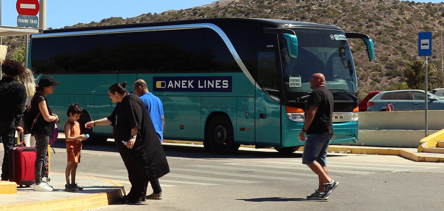KTEL coach at the public bus stop outside Chania Airport