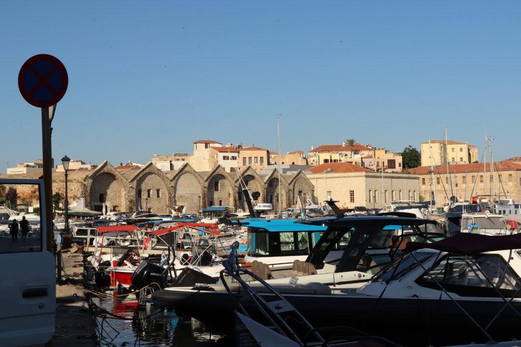 Historic Venetian harbor arsenals near Salis Restaurant in Chania Old Town, Crete