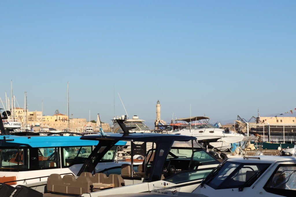 Historic Venetian harbor buildings near Salis Restaurant in Chania Old Town
