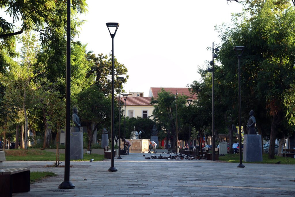 Chania Old Town street at sunrise with empty center and soft morning light