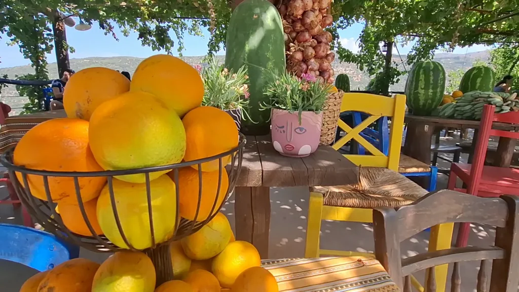 Traditional roadside fruit display at a local taverna in Crete