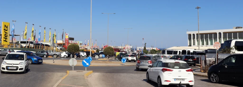 Traffic and car rental area outside Heraklion Airport in Crete, Greece