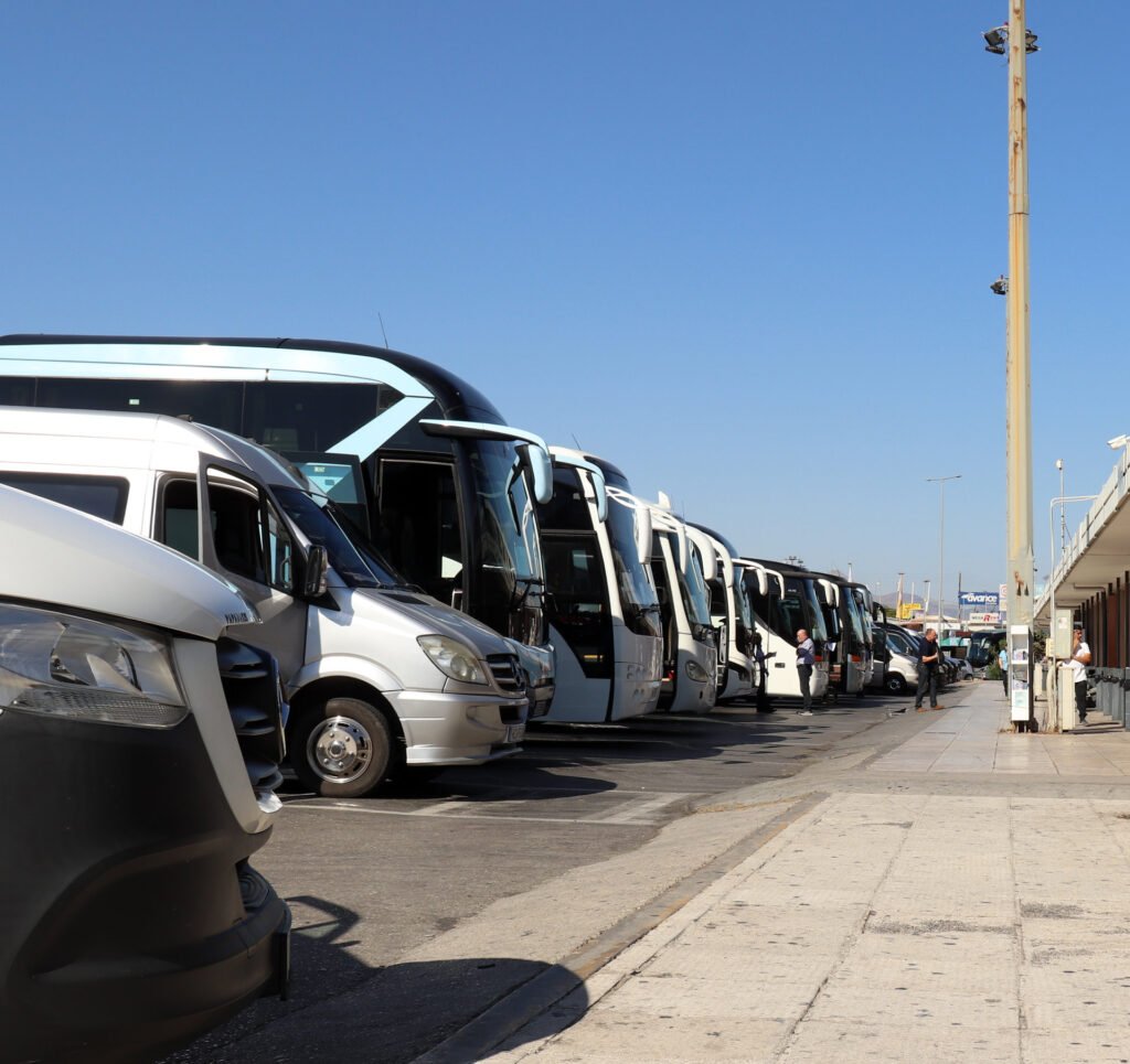 Tour buses and transfer vehicles outside Heraklion Airport in Crete