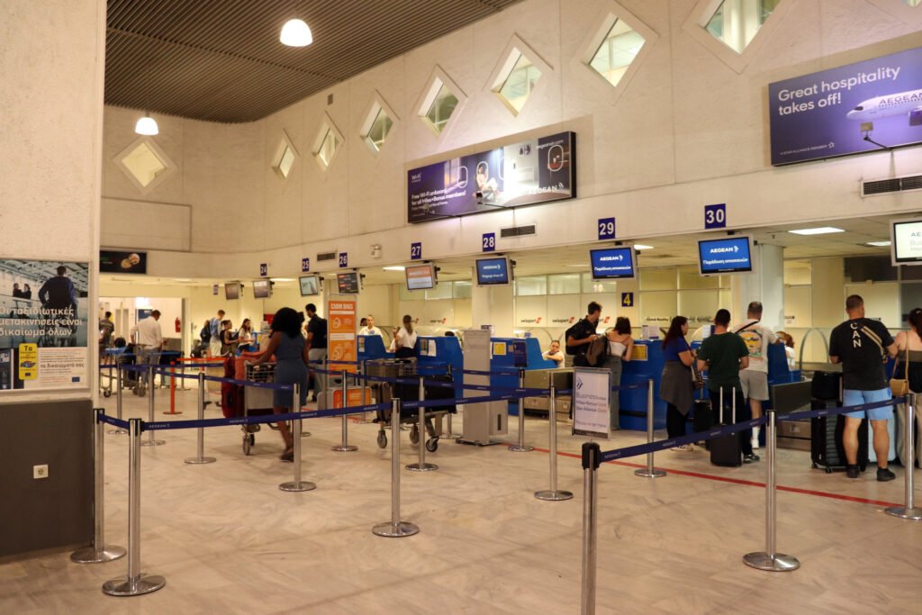 Passengers checking in for international flights at Heraklion Airport