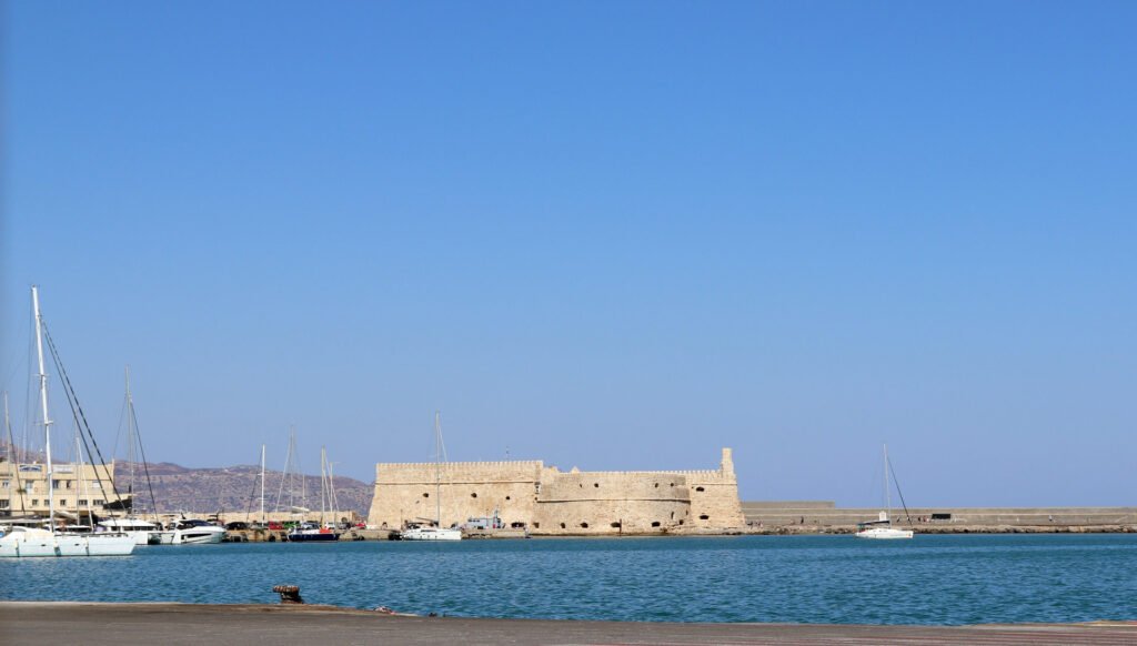 View of the Heraklion harbor fortress and sea in Crete