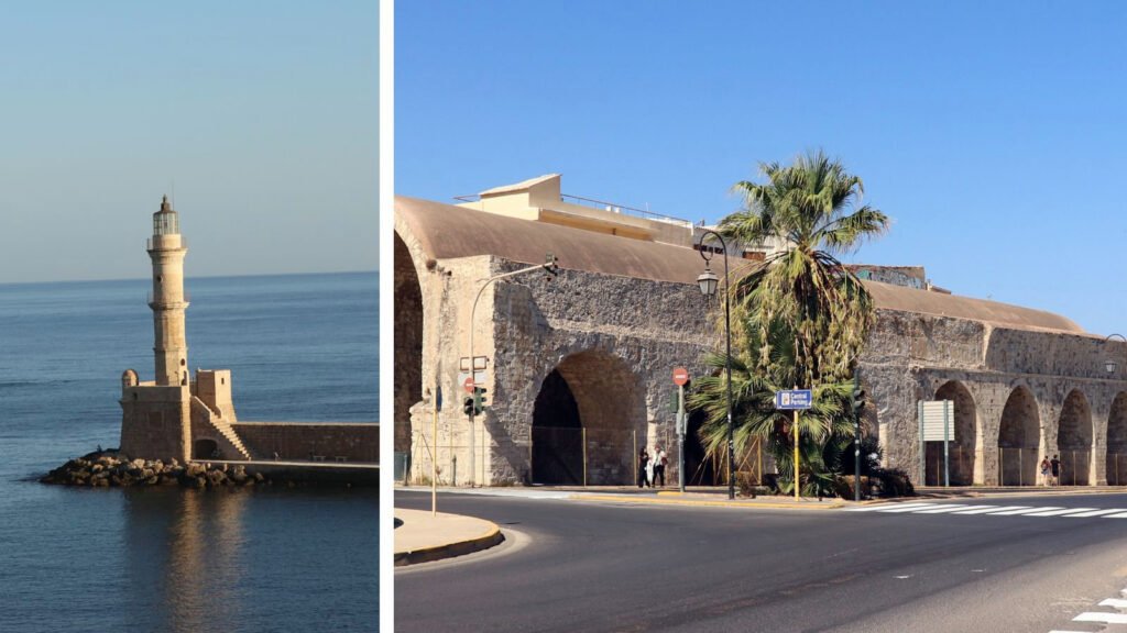 Heraklion Venetian Walls and Chania Lighthouse comparison in Crete, Greece