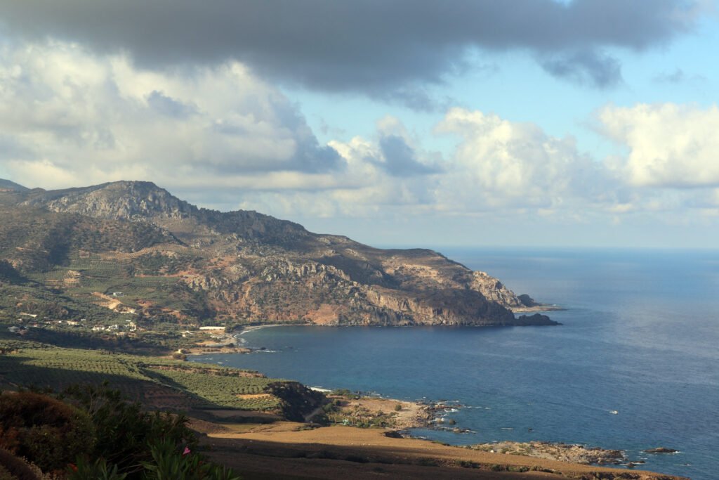 Mountain coastline and sea view in South Crete during golden hour