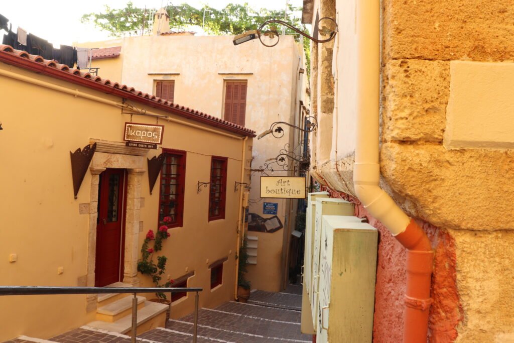 Sunset alley in Chania Old Town Crete with warm Venetian architecture
