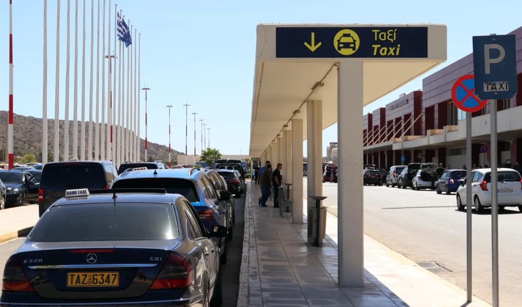 Taxi rank outside Chania Airport in Crete