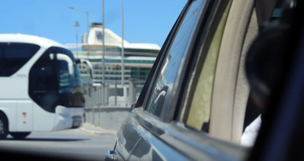 KTEL bus in Chania seen from a car near the main bus station