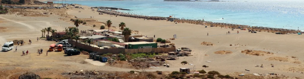Central zone of Falassarna Beach with the main facilities and sunbeds