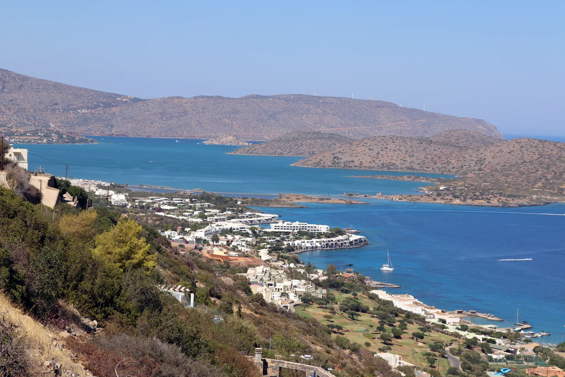 View over Elounda and the coastline of Mirabello Bay in Crete