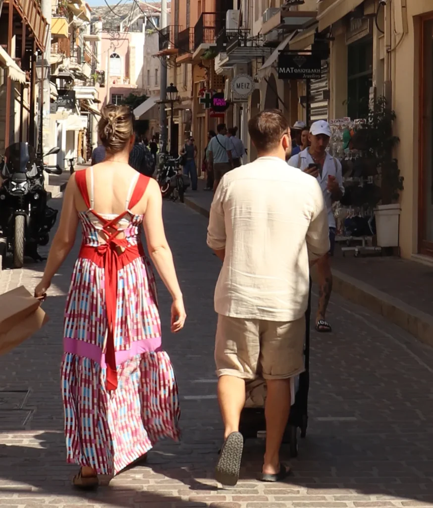 Family walking with a stroller in Rethymno Old Town