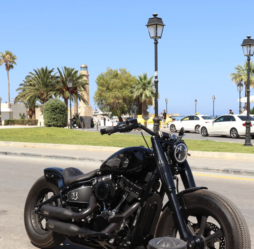Harley-Davidson motorcycle near Rethymno lighthouse
