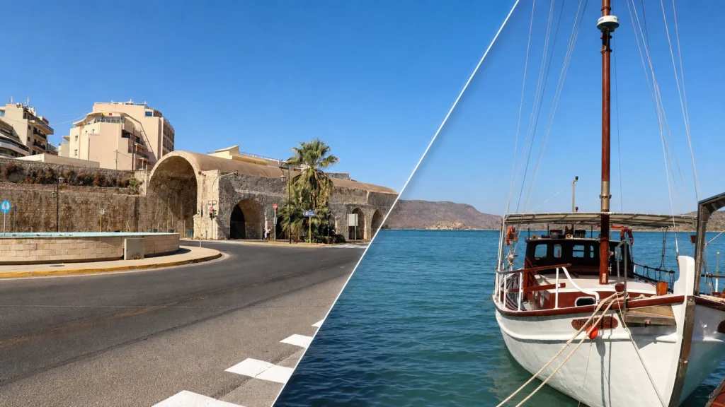Heraklion’s Venetian arsenal and a traditional boat in Elounda harbour