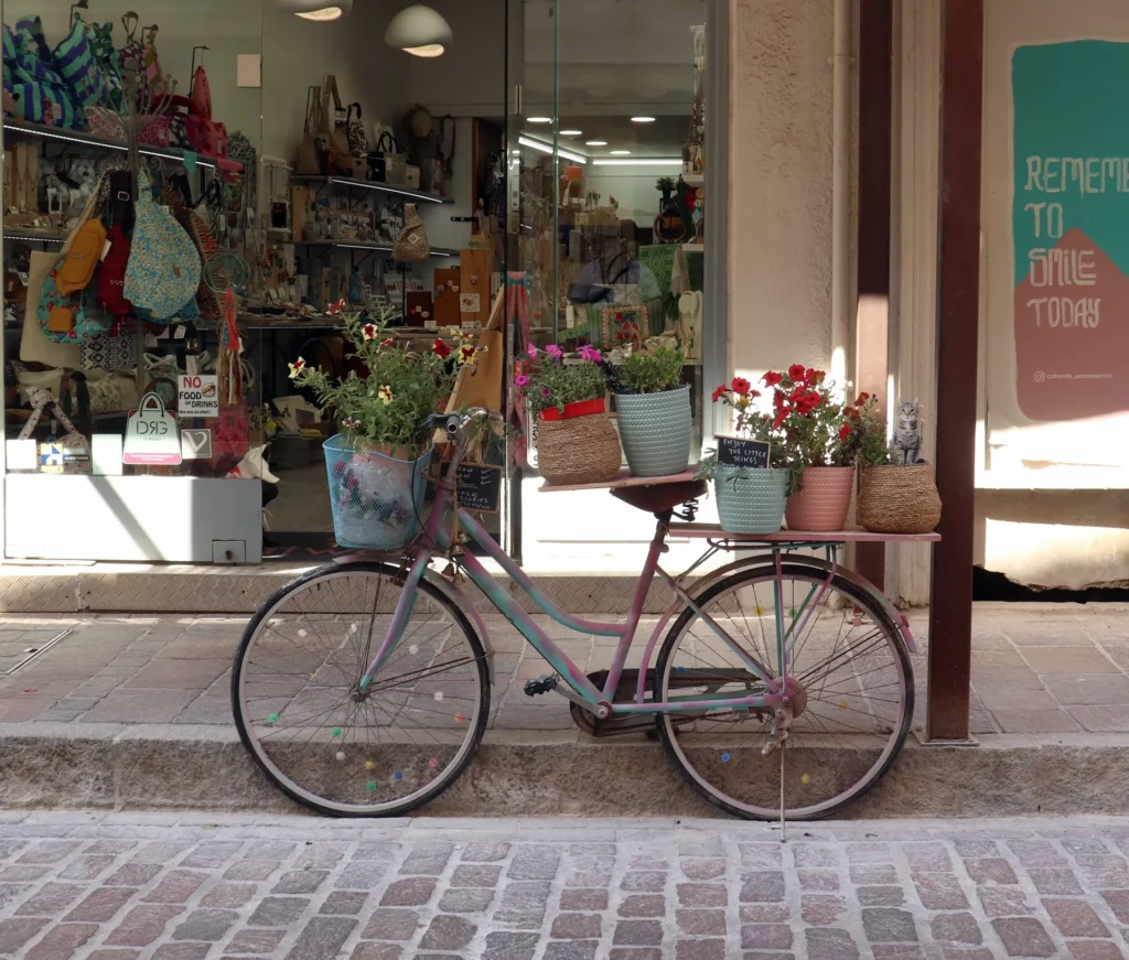 Flower-filled bicycle outside a shop in Rethymno Old Town